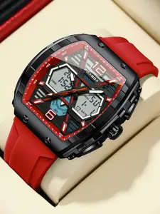 Foxbox Men's Sporty Barrel Shape Dual Display Alarm Clock Multifunctional Calendar Waterproof Electronic Watch, Silver Color, All Seasons