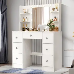 Vanity Desk Set with Mirror and LED Lights, 6 Open Storage Space, 7 Drawers,Large Dressing Table For Bedroom Make Up Table, White