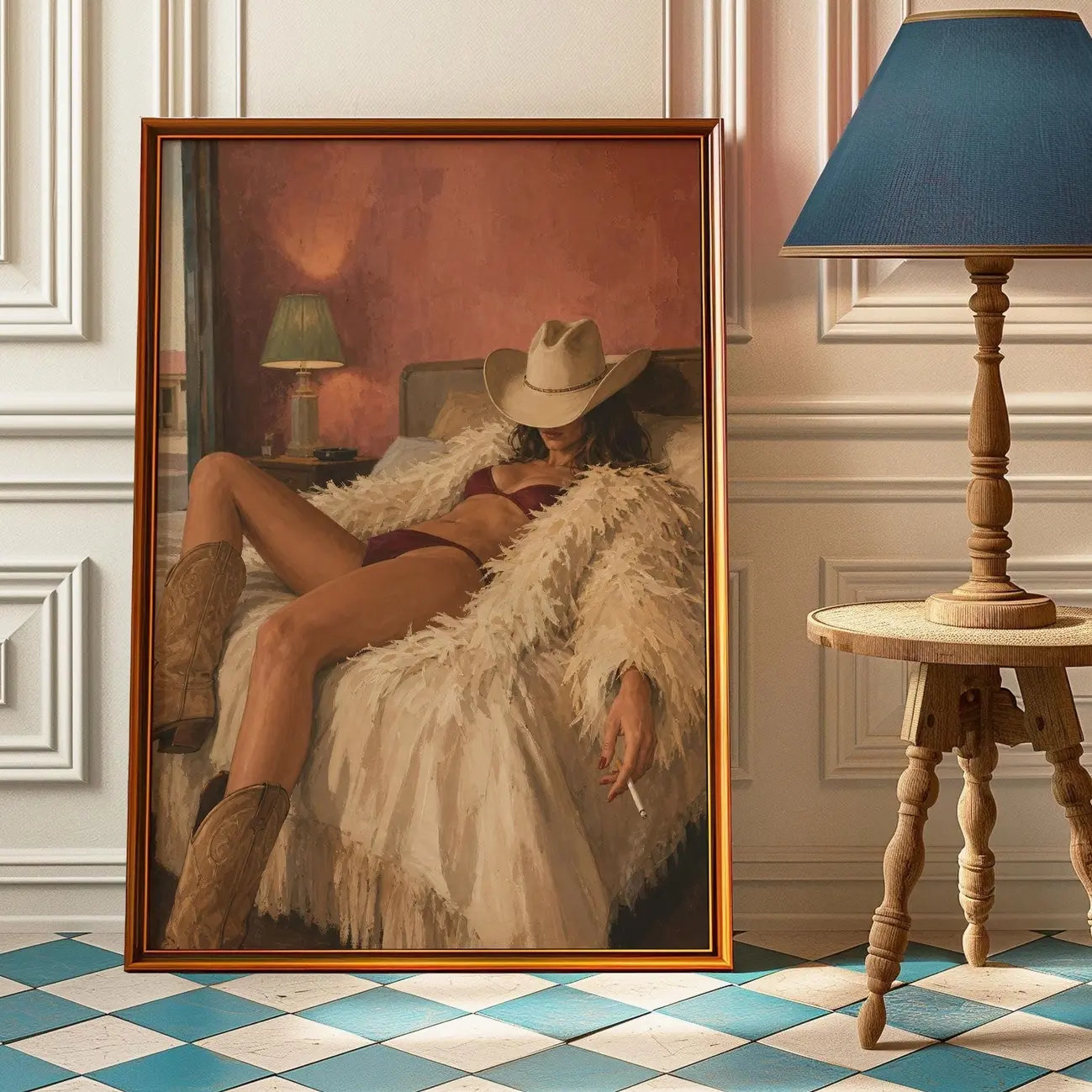 Vintage Cigarette Western Cowgirl Poster - Abstract Fashion Cowgirl Woman With Cigarette on Bed Print - Retro Textured Oil Painting Art