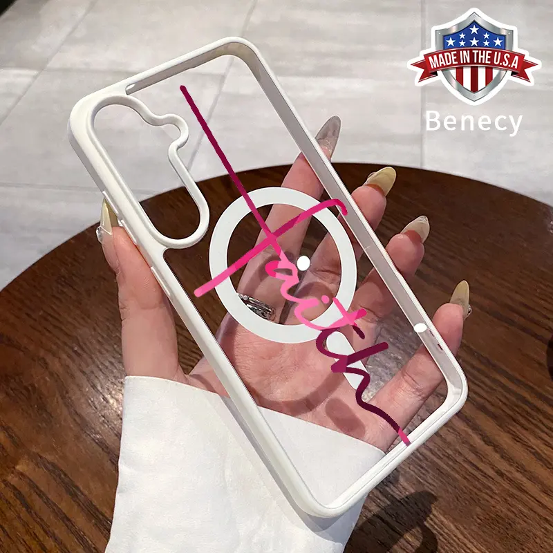Magnetic Phone case for Samsung Galaxy S23 Ultra S24 Plus FE S25 S22+ Pink Cross Pattern Non-Yellowing Shockproof Soft Silicone Transparent Acrylic Cover Supports Wireless Charging