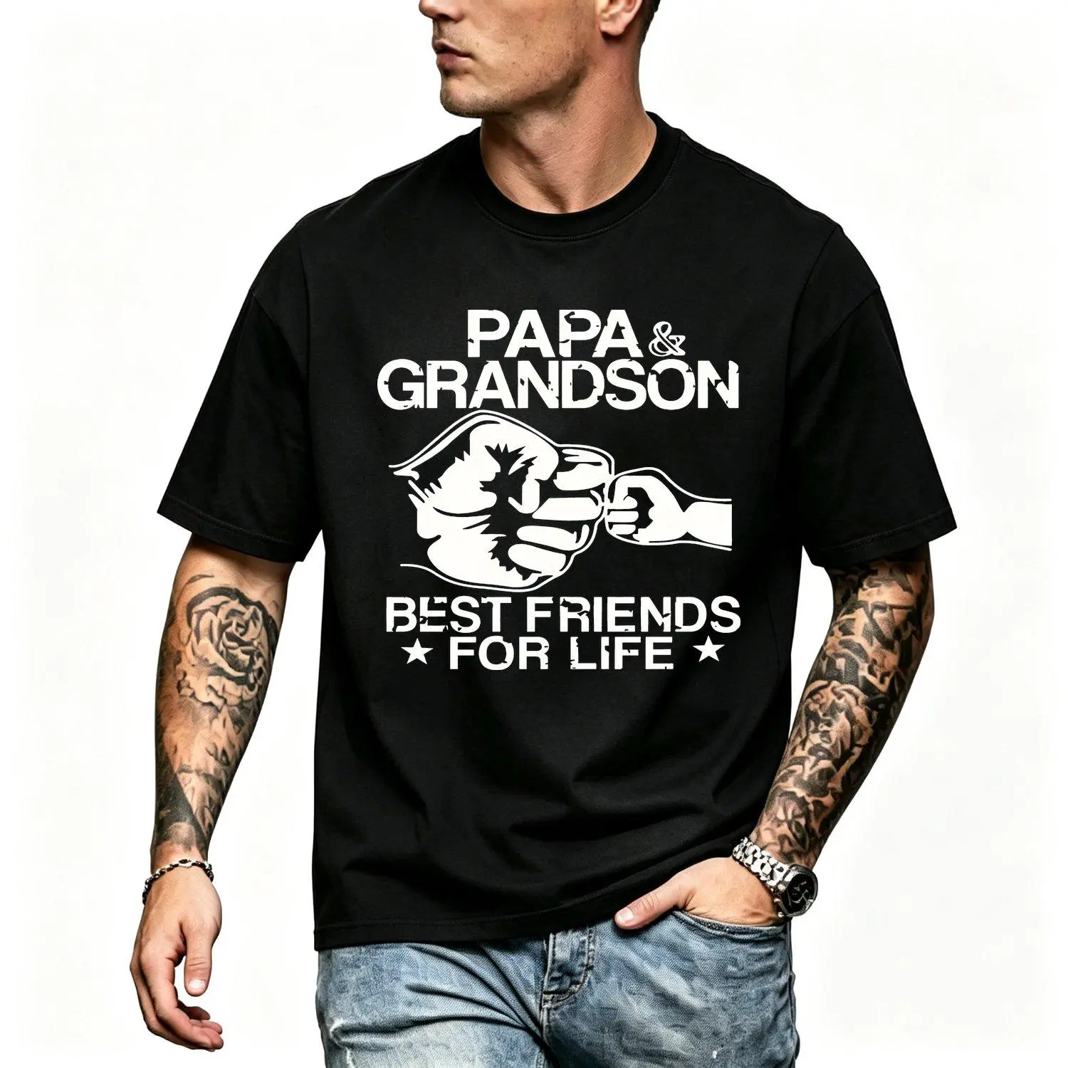 PaPa and Grandson Best Friends for Life Printed T Shirt Short Sleeve Round Neck Casual Summer Top Parent Bonding Gift Matching Outfit For Men