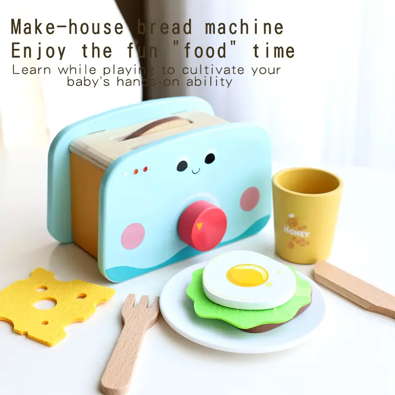 Wooden Bread Machine Toy for Kids, Pretend Play Toaster with Toast & Breakfast Food Set, Role Play Kitchen Toys for Toddlers, Educational Toys for Boys Girls