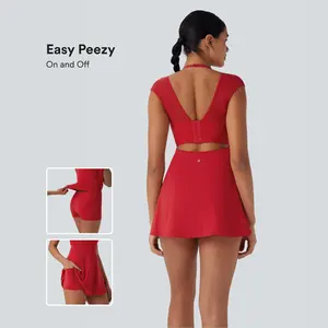 Halara Softlyzero Airy Halter Backless Adjustable Buckle Contrast Mesh Cool Touch Yoga Active Dress-Easy Peezy-UPF50+