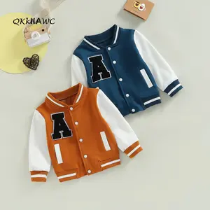 Kids Boys Girls Baseball Jackets Toddler Letter Pattern Contrast Color Long Sleeve Buttons Front Coat Autumn Winter Outerwear