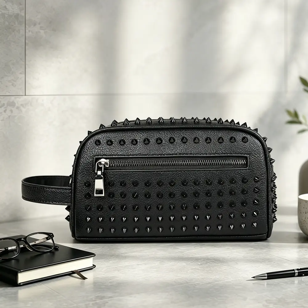 Men’s wallet pouch/clutch with large capacity and studded embellishments; handheld clutch, wristlet, shoulder bag, underarm bag, phone pouch; portable—essential for travel; suitable for work, travel, commuting, and middle school; PVC material; minimalist