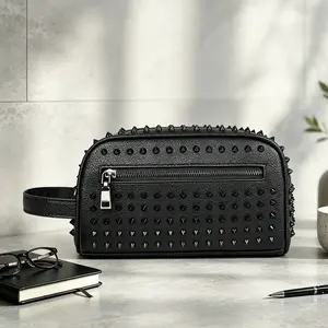 Men’s wallet pouch/clutch with large capacity and studded embellishments; handheld clutch, wristlet, shoulder bag, underarm bag, phone pouch; portable—essential for travel; suitable for work, travel, commuting, and middle school; PVC material; minimalist