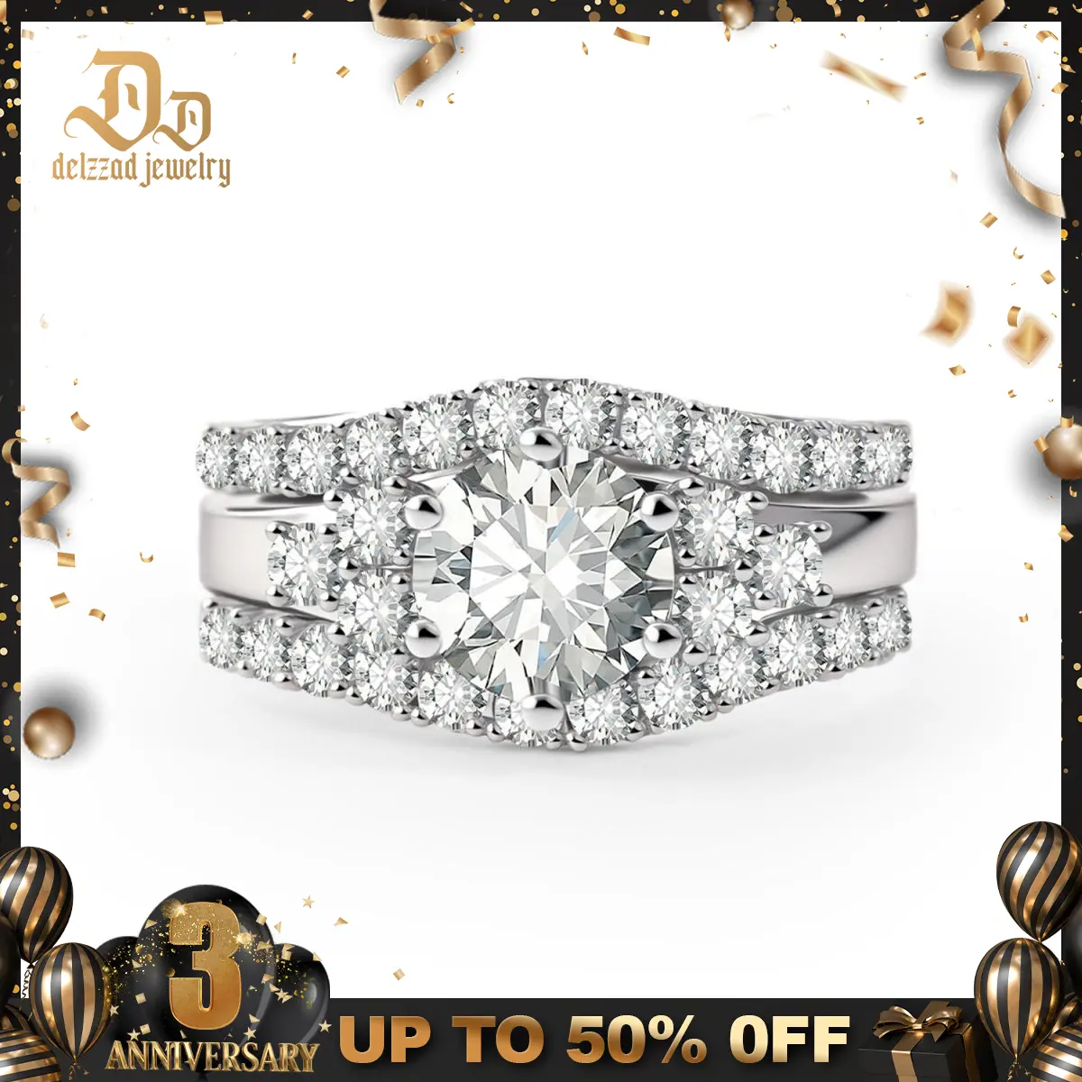 Delzzad 14K Gold-Plated 2ct Timeless Embrace Promise Ring Wedding Ring Set Triple Engagement Stacking Ring The Grace Bridal Set VVS Synthetic Moissanite Ring Jewelry  Solitaire Stackable Rings