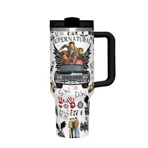 1 x 20 oz stainless steel travel mug with Supernatural-themed 2D flat print, featuring black and white design with colorful character illustrations, car imagery, and iconic symbols, equipped with a black handle and lid.