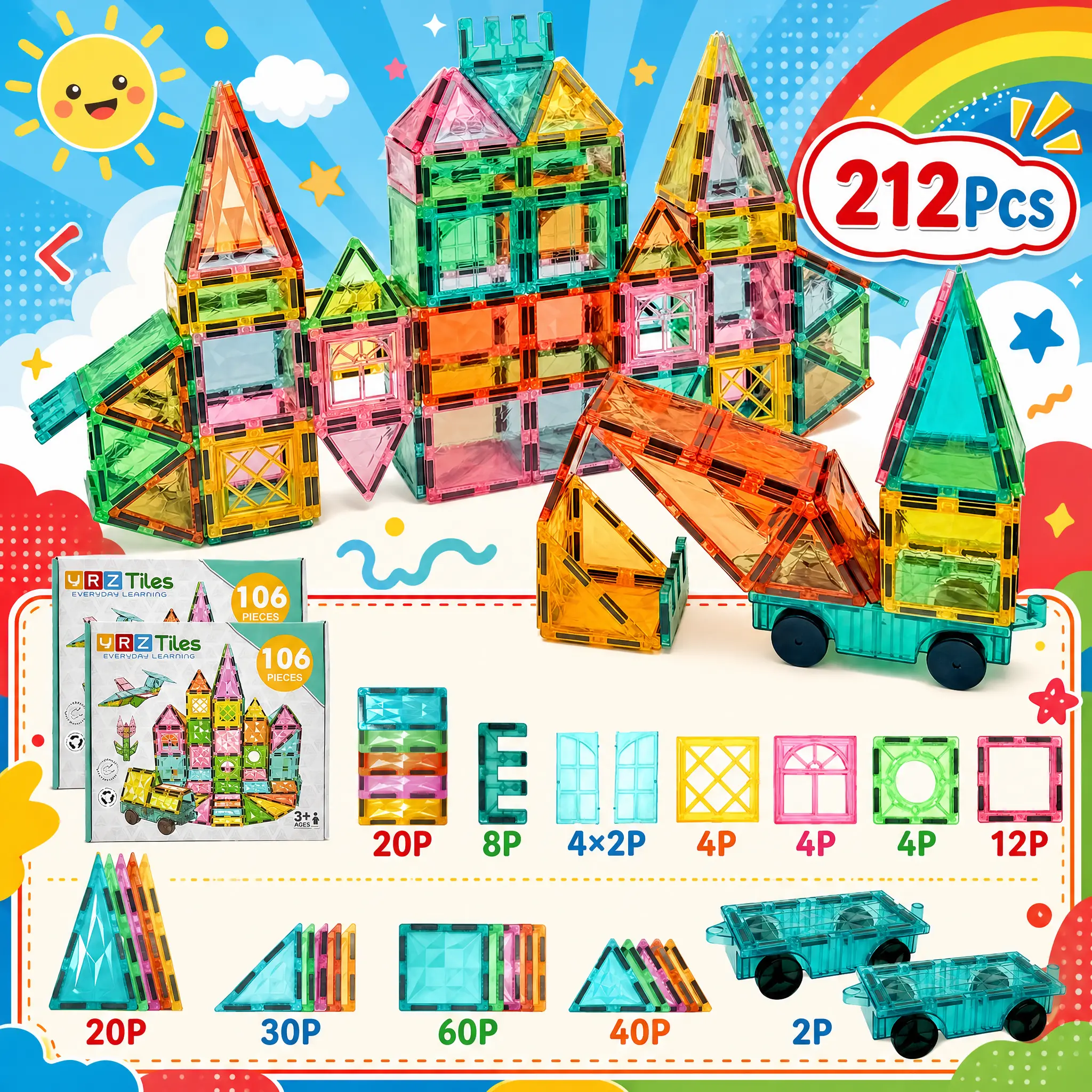 YRZTILES 212PCS Magnetic Building Cubes Set, STEM Early Education Tiles, 3D Creative Construction Blocks, Preschool Cognitive Learning Interactive Playset, Ideal Birthday Holiday Gift for Toddlers Ages 3-6