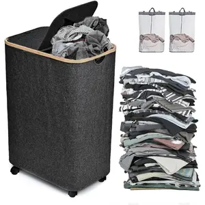 Large Laundry Hamper with Wheels and Lid | 144L Collapsible Laundry Baskets with Removable Bag | Dirty Clothes Hamper for Bedroom, Dorm | CarzyHome Double Rolling Laundry Basket with Handles - Black