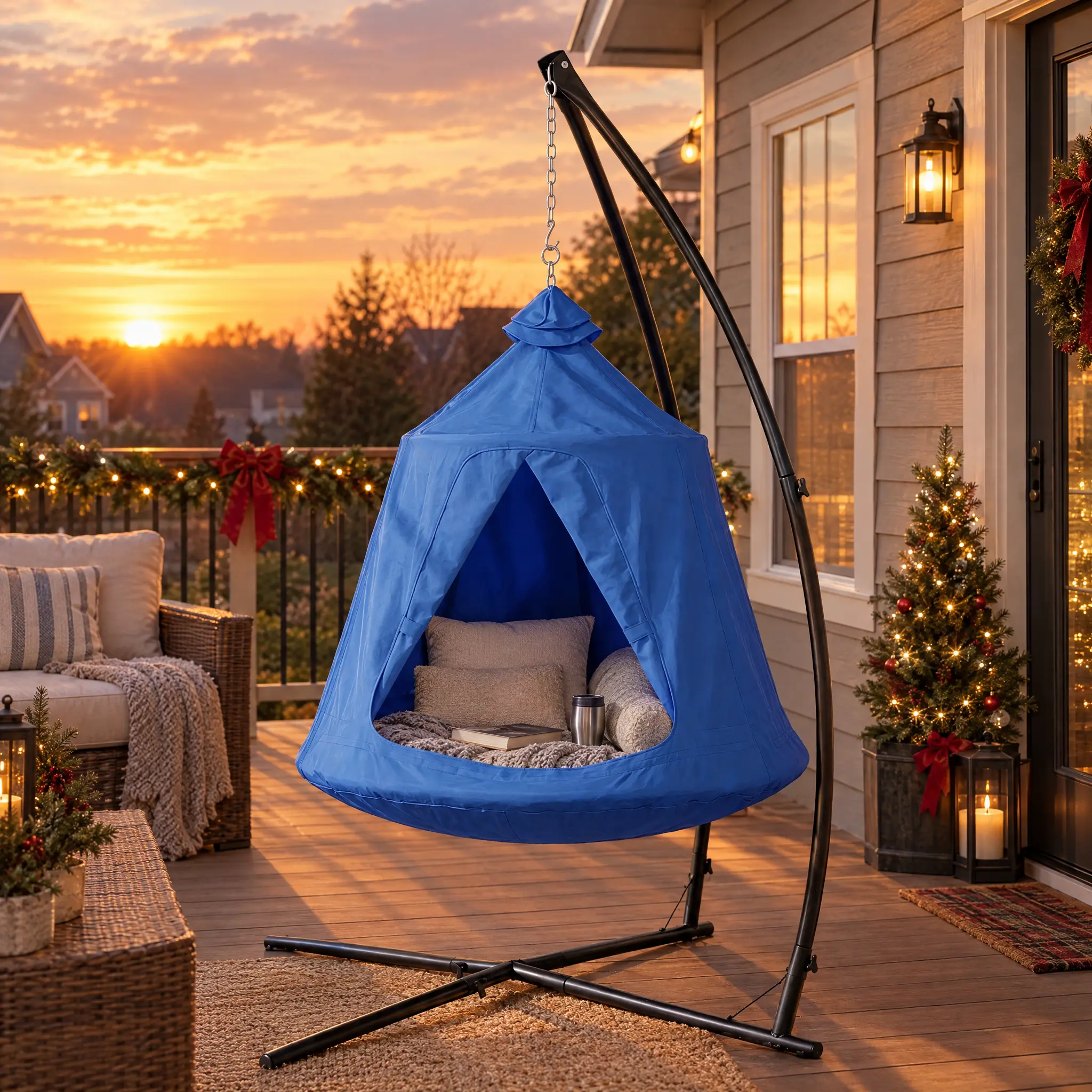 【Black Friday】MAMIZO Hanging Hammock X-Stand Tree Tent - 600D Thick UV Protection Fabric, 1in Steel Frame, X-Base Stability, 220 lbs Capacity, Foam-Covered Tent Base, Adjustable Stand, 118in LED Light Bar for Gardens, Patios