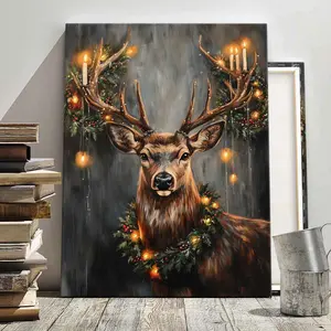 1Count Christmas Framed Canvas, Christmas Deer Lights Wreath, Exquisite Poster, Christmas Decoration Poster, Living Room, Bedroom, High Definition Home Poster,  Ideal Gift, Waterproof,  Art, Wooden Wall Art