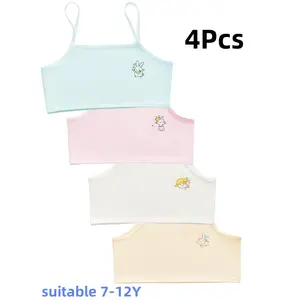 4pcs of girls' cotton crop tops, suitable for young girls aged 7-12, including various colors, suitable for all seasons.