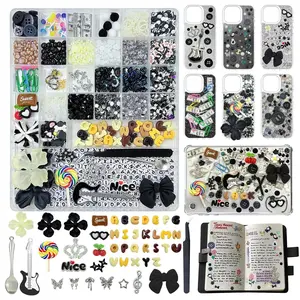 2280 Pcs Junk Case Charms Kit, Black Junk Phone Case Charms, Charms for Customizing Pad Cases, Kawaii Bow, Letter Beads, Nail Accessories, Flatback Pearls, Rhinestones, Cute Aesthetic Decor for DIY Craft Scrapbooking Jewelry Making