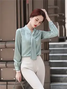 Loose Casual Blouse with Ribbon for Women, Pink, Light Green, Office Lady, Business Tops, High Quality, Spring Fashion, Shirt Dushicolorful