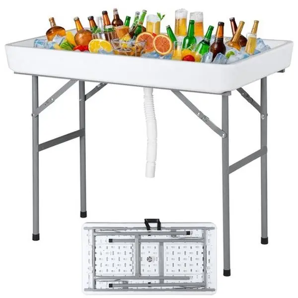 40.5-in Portable Foldable Camping Table Ice Bin - Outdoor Cooler Furniture with Matching Skirt for Parties, Camping Use