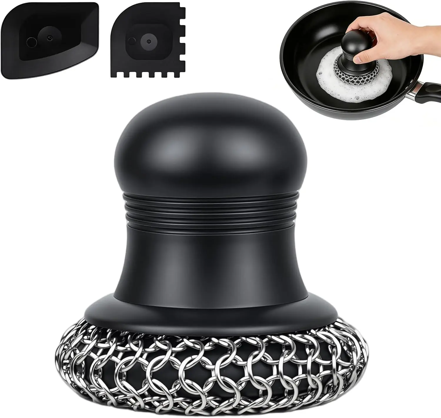 316 Upgraded Cast Iron Cleaning Tool - Cast Iron Scrubber Pad with Pan Scraper, Ergonomic Grip, Easy to Use, Dishwasher Safe for Grill Pan, Skillet, Wok, Metal Cookware
