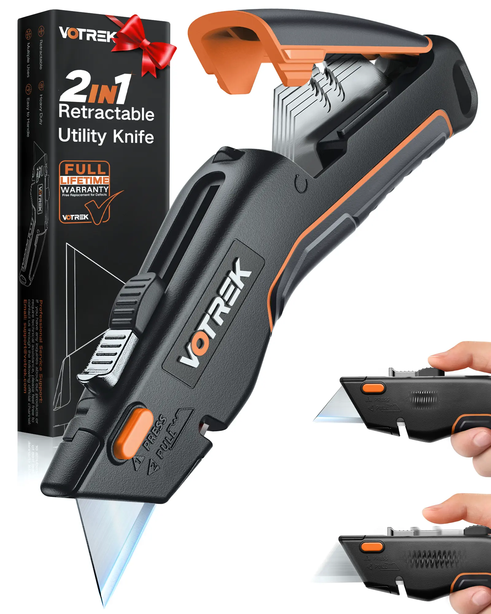 Box Cutter Utility Knife VOTREK [2-in-1] Retractable Box Cutter, with Blade Storage, Safety All Metal Heavy Duty Sharp Razor Knife for Home & Warehouse Cardboard, Carton, with Extra Blades