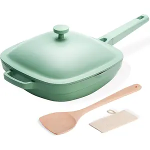 10.5 Inch(3.8QT) Ceramic Pan with Lid,Non Stick Frying Pans Cast Aluminum Deep Sauté Pans,Ti-Ceramic Non Toxic Pix Pan with Wooden Spatula and Scrubber-Mint Haze