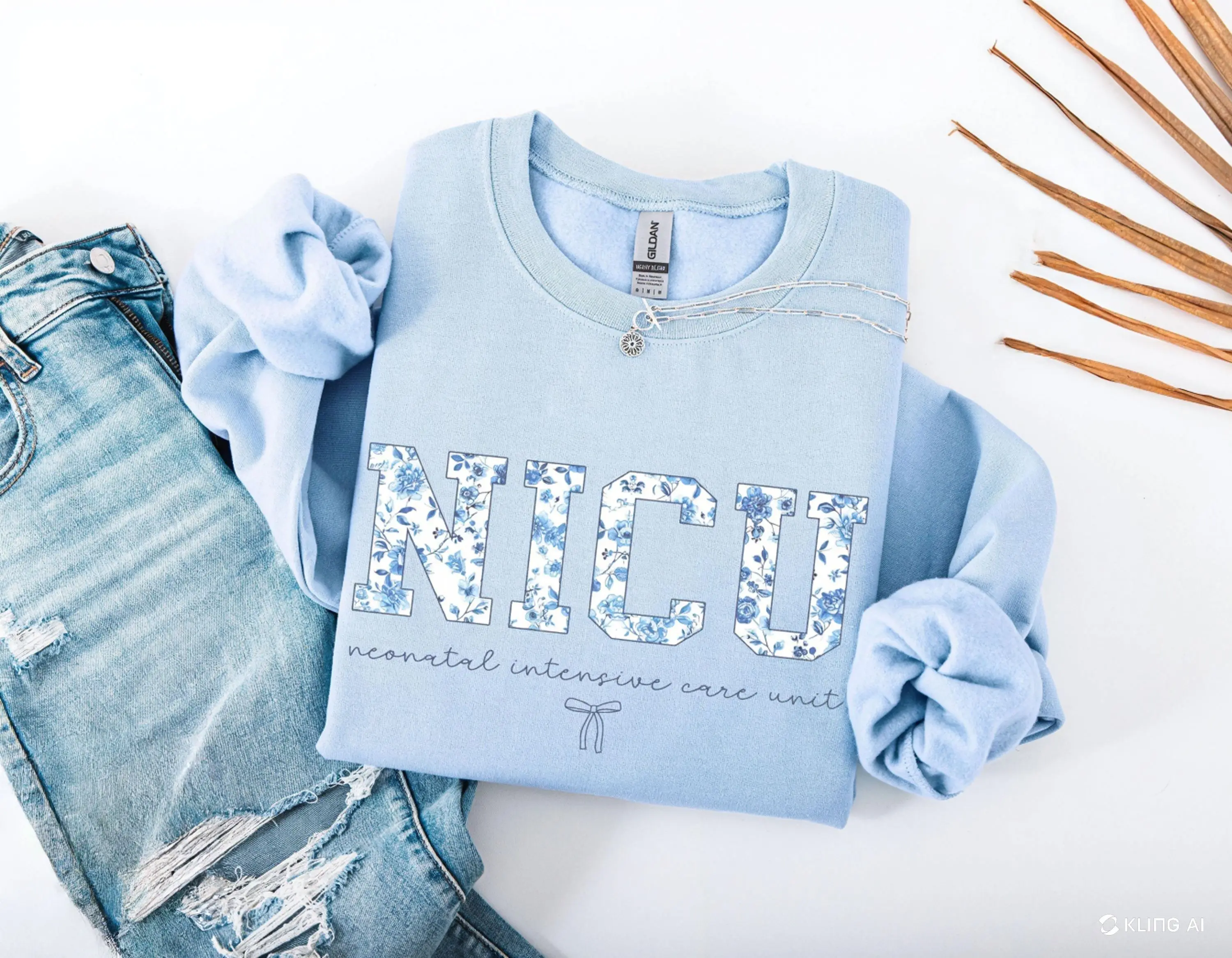 NICU Shirt, Sweatshirt & Hoodie - Neonatal Intensive Care Unit Nurse Crewneck, Boho Floral NICU Nurse Shirt, Blue Toile Nurse Shirt Fabric Womenswear