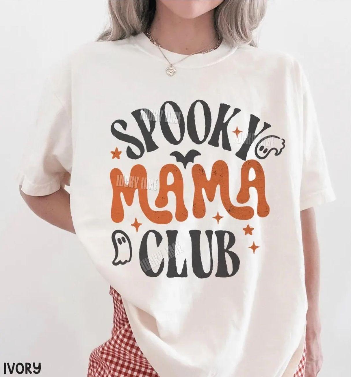 Comfort Colors Spooky Mama Club T-Shirt, Halloween Mom Shirt, Retro Groovy Spooky Season Graphic Tee, Cute Ghost Bat Halloween T-Shirt, Cozy Fall Spooky Mama Apparel, Vintage Halloween Mom Clothes, Spooky Season Outfit, Best Halloween Gift for Mom