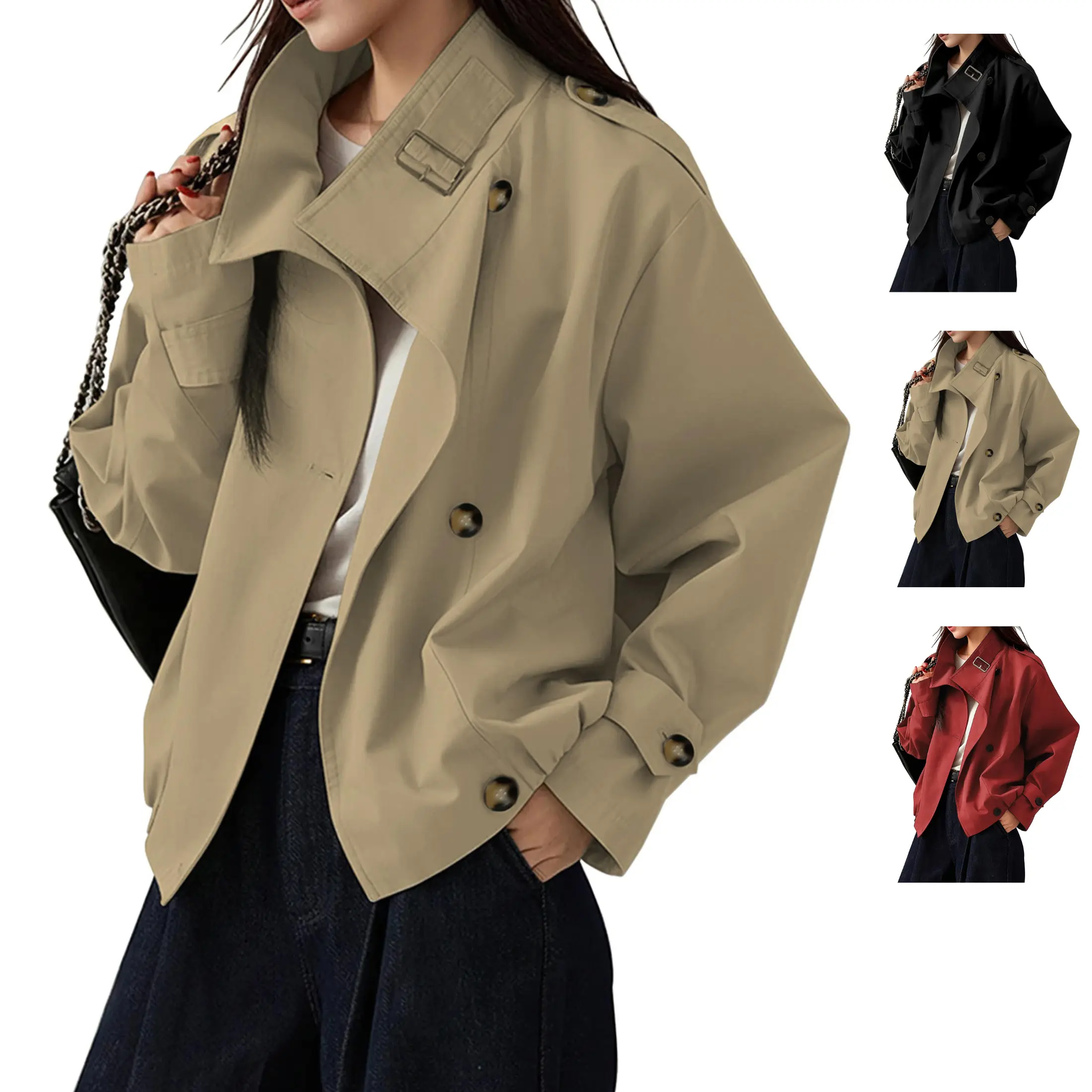 JovenPara Women's Cropped Trench Coat Stand Collar Double Breasted Short Windbreaker Jacket, Loose Oversized Long Sleeve Casual Lapel Outerwear for Fall Spring