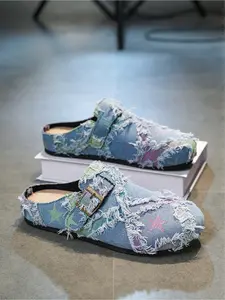 Men's Star Print Denim Closed-Toe Mule Slippers, Vintage Fringe Trim Casual Slip-On Clogs with Adjustable Buckle
