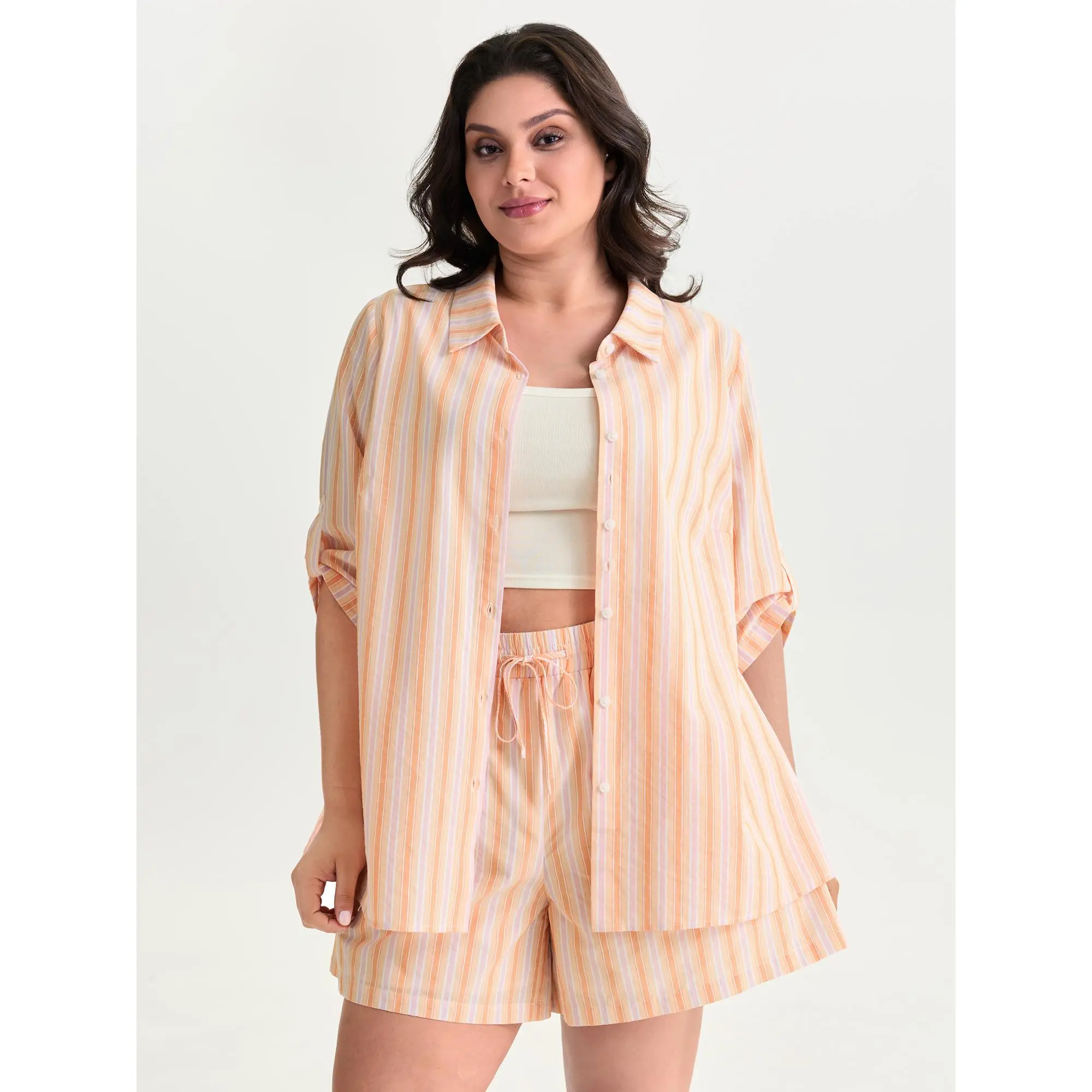 BloomChic Women's Plus Size Striped 100% Cotton Blouse, Playful Regular Length Top with Puff Sleeves and a Lace-Up Tie Front, Blouse Shirt, Soft Fabric, Smooth Finish, Plus Size Clothes, Trendy Blouses
