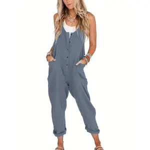 Womens Overalls Linen Jumpsuits Loose Casual Jumpers with Pockets