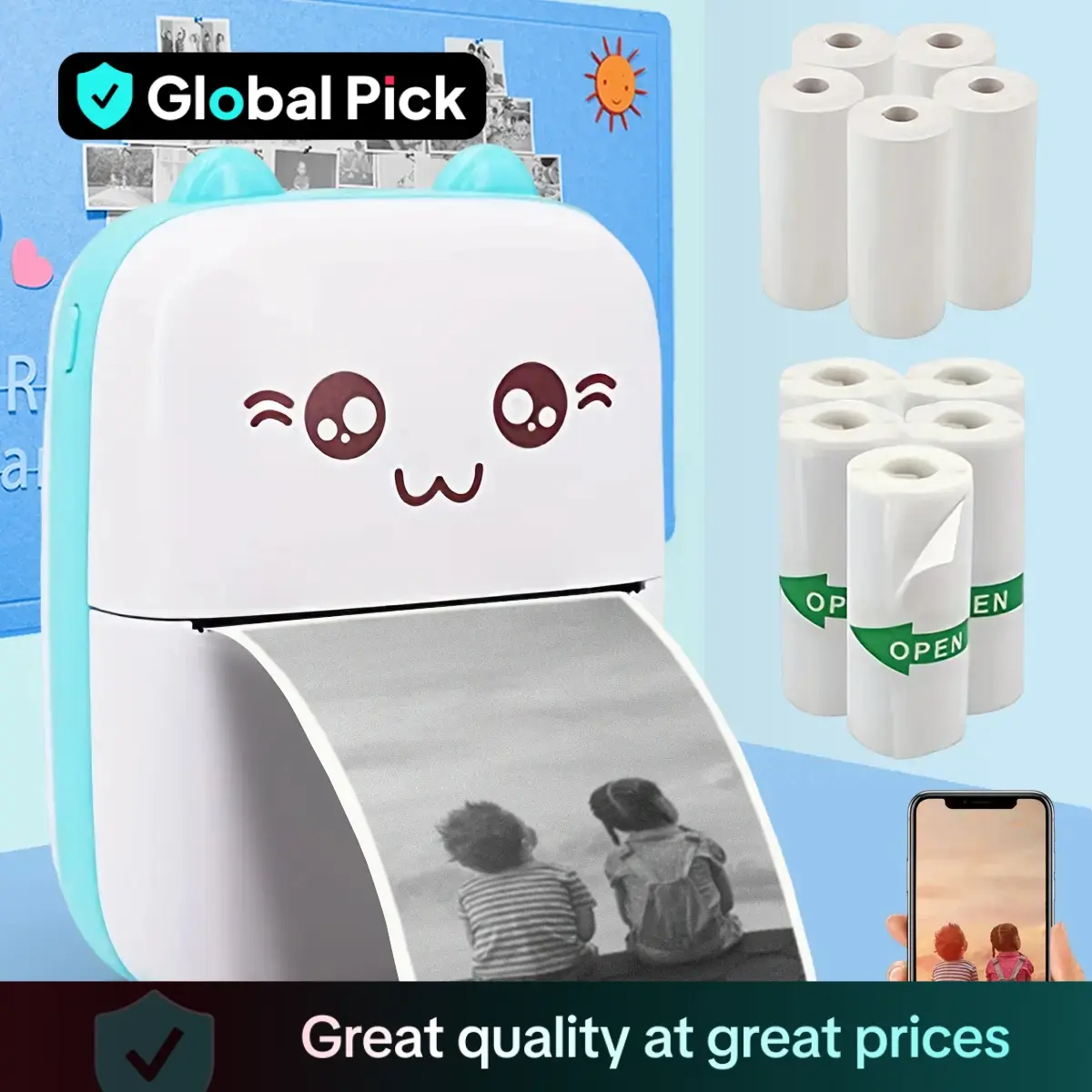 Ink-free Printing Mini Printer, 1 Set Portable Thermal Printer with 5 Rolls Thermal Printing Paper & 5 Rolls Self-adhesive Printing Paper, Birthday Gi