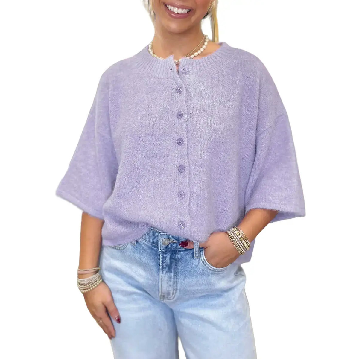 Women's Boxy Button Front 3/4 Sleeve Knit Cardigan
