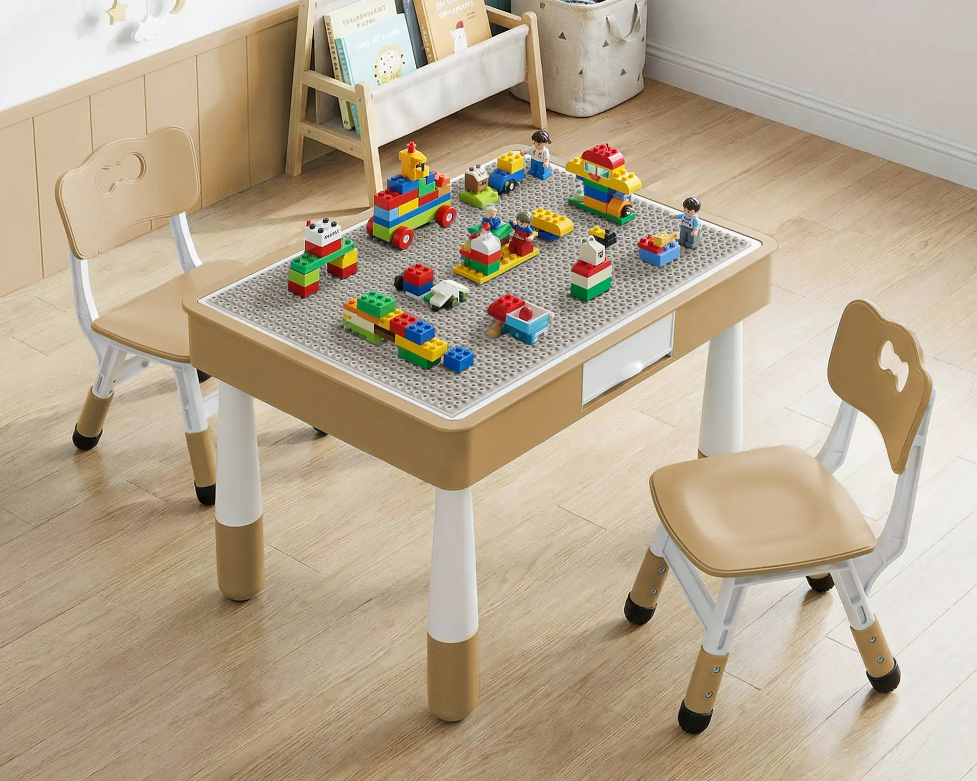 Arlopu Kids Activity Table and Chairs w/Storage, 4-in-1 Large Building Block Play Table, Toddler Double-Sided Art Desk for Bricks Graffiti Reading Dining, Adjustable Chair, Preschool Children summerwins