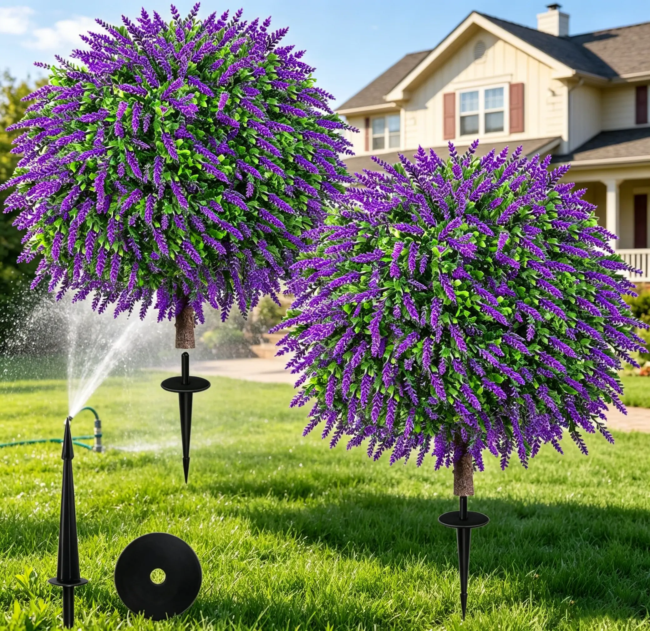 24" Artificial Lavender Boxwood Topiary Ball Trees, Set of 2 Fake Shrubs Bushes with Ground Spike, UV Resistant Faux Evergreen Tree for Front Porch Outdoor Garden Decor