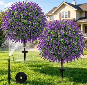 24" Artificial Lavender Boxwood Topiary Ball Trees, Set of 2 Fake Shrubs Bushes with Ground Spike, UV Resistant Faux Evergreen Tree for Front Porch Outdoor Garden Decor