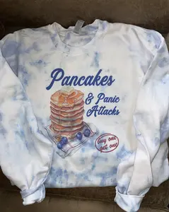 Pancakes and Panic attacks  pull over crew neck dyed mix of blue Soft and Comfy