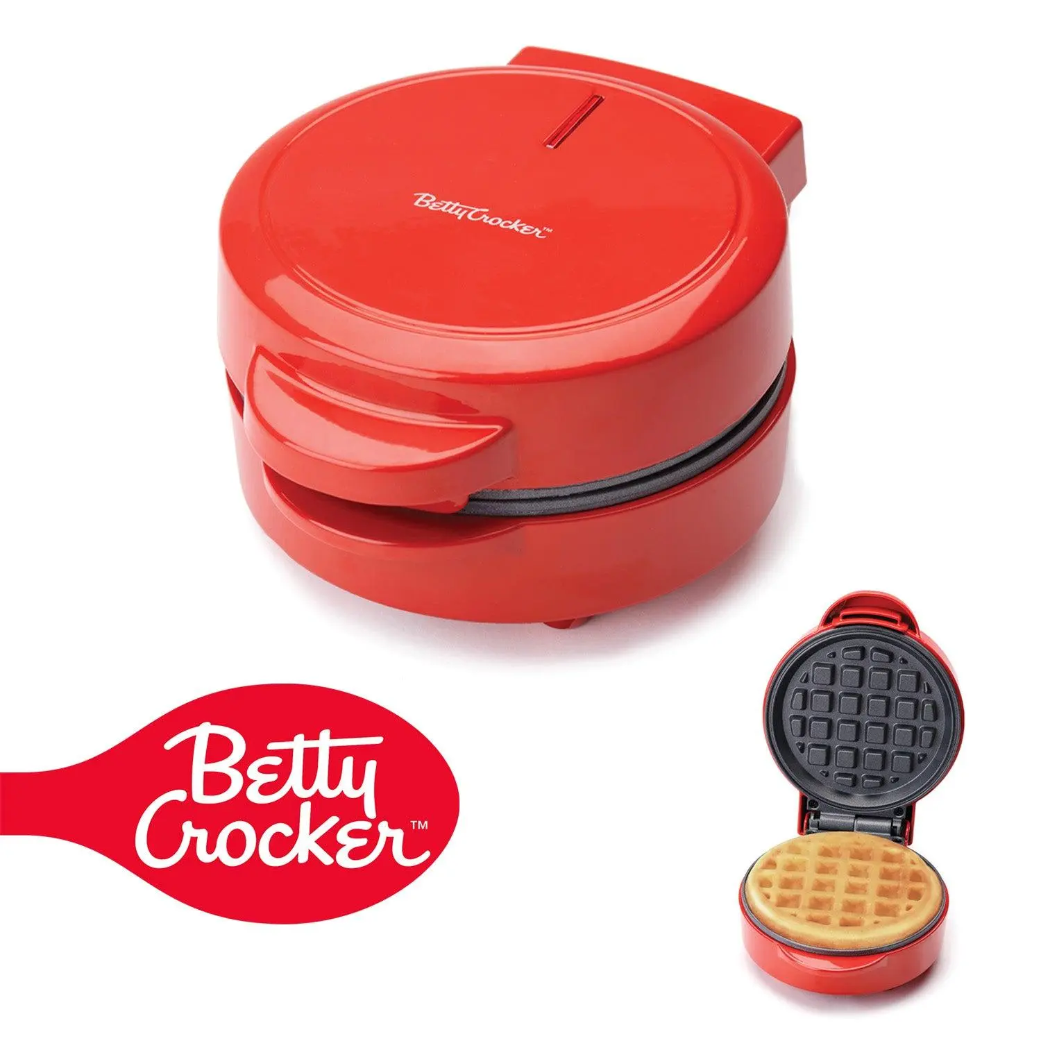 Betty Crocker Mini Waffle Maker (BC-4888R, Red) - 550W Compact Space-Saving Kitchen Appliance, 1.4 lbs, 4.5" Waffles, 4.9" Bisphenol A (BPA)-Free Non-Stick Plates, Quick Cook, Even Browning, Betty Crocker Test Kitchen Recipes Included, 550W Power, With Li