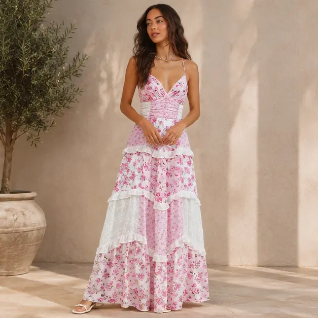 Women's Cute Floral Lace Patchwork Spaghetti Strap Sleeveless Maxi Cami Dress - Summer Beach Vacation Party Outfit