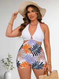 Crazyflare Plus Size One Piece Swimsuit for Women Halter V Neck Tropical Print Swim Romper Tummy Control Bathing Suit with Shorts
