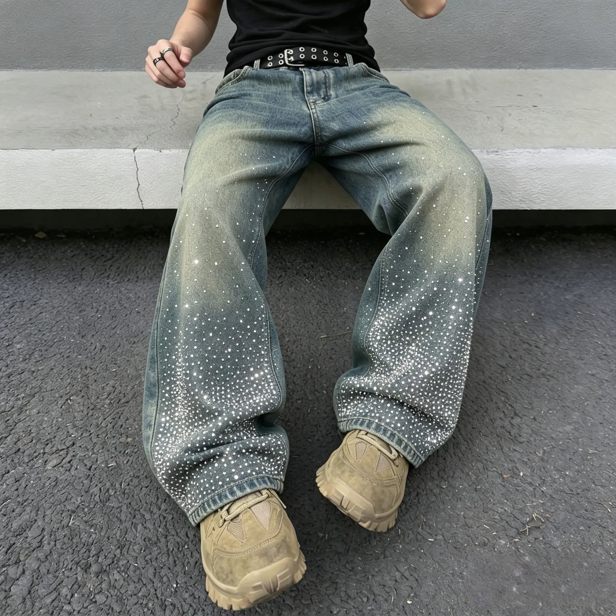 Men’s High-Waisted Vintage Washed Rhinestone Decorated Wide-Leg Jeans, Chic Casual Fashion Denim Pants, Street-Style Trousers for Everyday Wear & Hip-Hop, Ideal Gifts for Boyfriends, Rhinestone Decorated Jeans, High Waisted Jeans