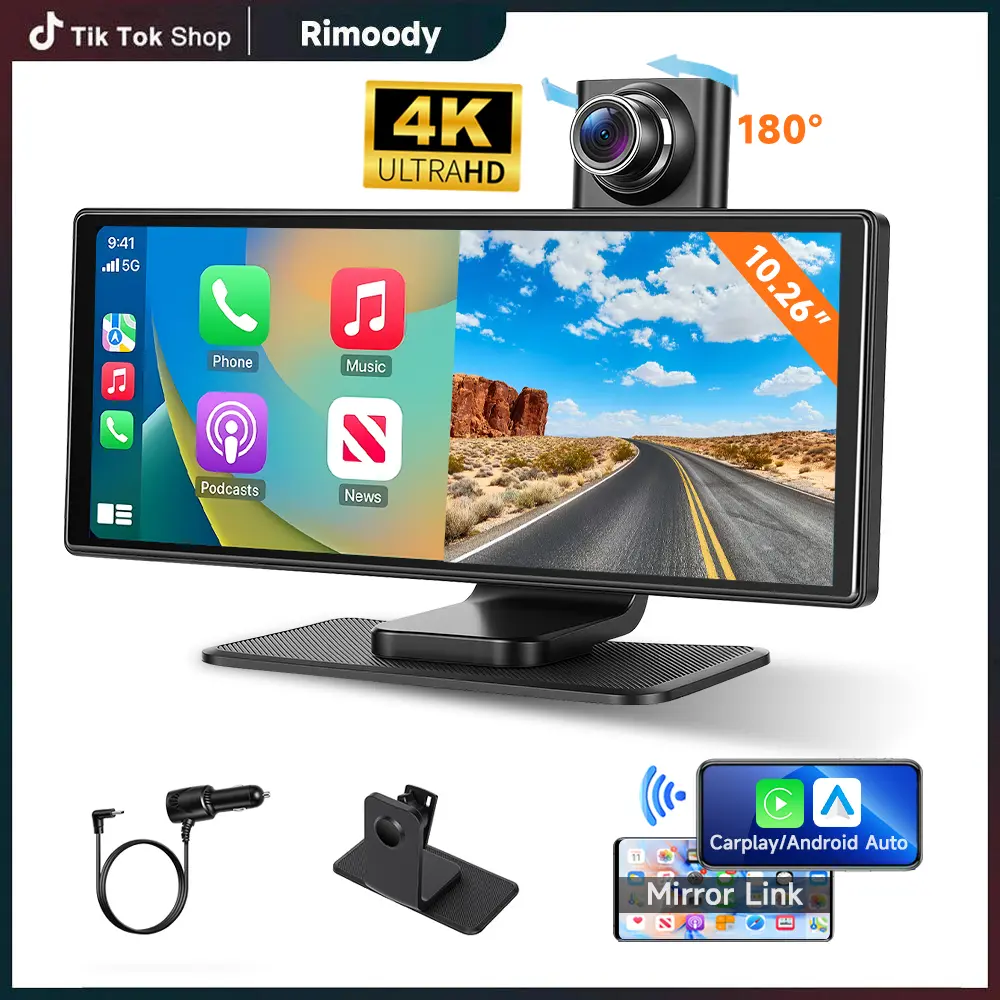 Rimoody 10.26" In-Cell display Wireless Carplay Screen 180 Rotation 4K Dash Cam Carplay & Android Auto Car Stereo Car Audio Receivers Support Bluetooth/ Apple Airplay/Miracast/WiFi Video for Cars Trucks Van Support Rear Camera With Video Play