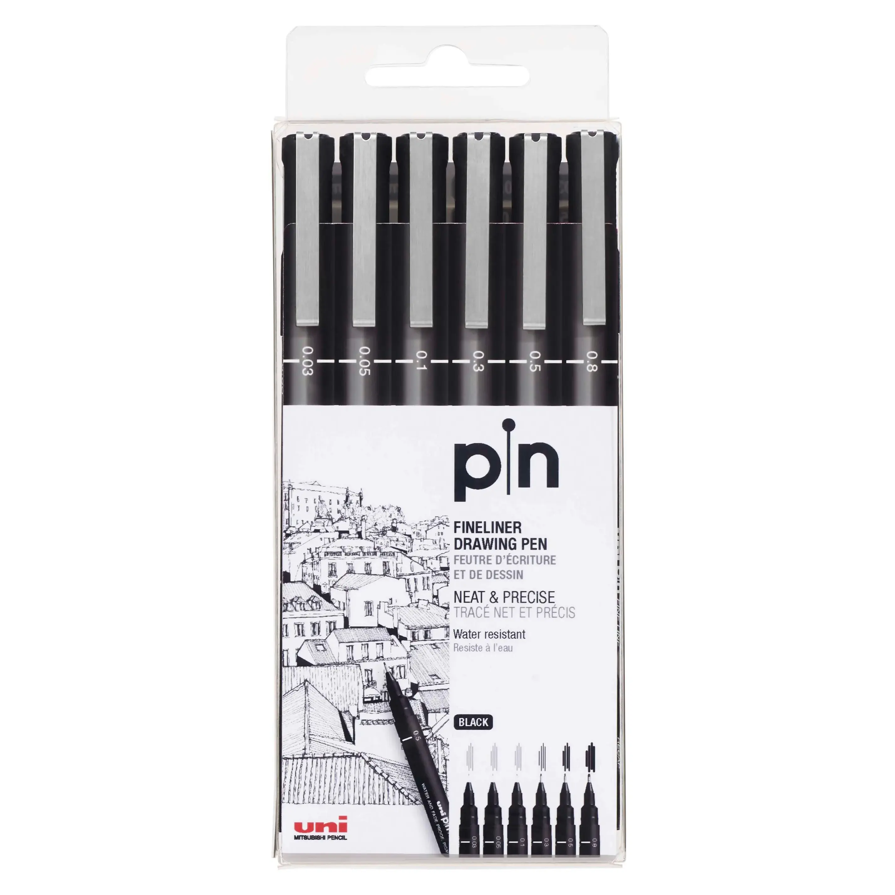uni® Pin, Fineliner Black Drawing Pens, Assorted Tips, 6 Count