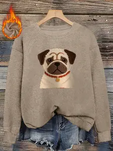 Cute Pug Faux Fur Round Neck Top, Soft Velvety Fabric, Dog Print, Casual Loose Fit, Healing Cute Style, Fall & Winter Fashion