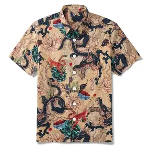 Men's Dragon Tiger Print Hawaiian Shirt Asian Style Short Sleeve Button Up