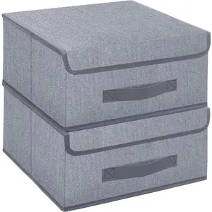 Foldable Storage Bins Cubes Boxes with Lid - Storage Box Cube Cubby Basket Closet Organizer Pack of 2 with Leather Handles for Closet Bedroom, 13" x 13", Linen-like Grey, MXDLB2P