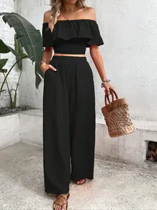 Two-Piece Set Women's Solid Ruffle Trim Off Shoulder Crop Top & Wide Leg Pants, Casual Fashion Cozy Top & Trousers for Daily Outdoor Wear, Ladies Clothes for Summer, Suits, Casual Outfits Women