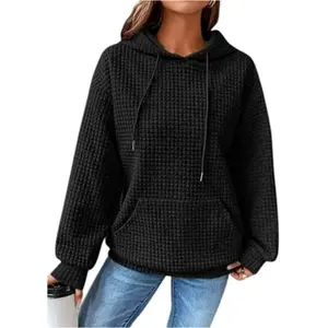 Women's Casual Hoodies Waffle Long Sleeve Drawstring Hoodie Pullover Top Loose Sweatshirt with Kangaroo Pocket