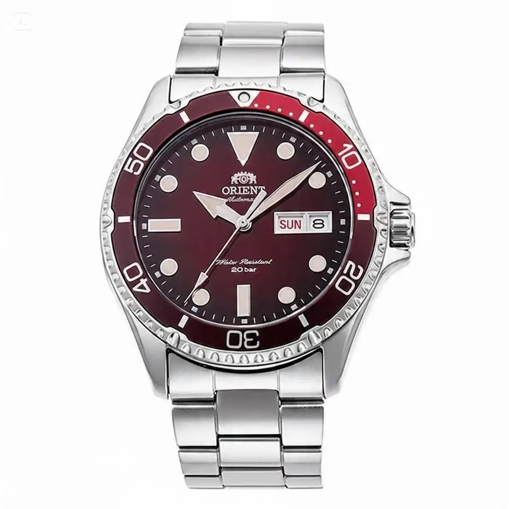 Men's Automatic Analog Watch - Burgundy Red Elegant Dial, Bold Red-Black Bezel, 200M Water Resistant Mechanical Timepiece, Stainless Steel Bracelet with Day-Date Display, Casual Style
