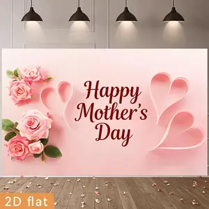 2D Flat, Party Banners 2D Flat Banner, 1pc Polyester Backdrop Love Valentine Mother Womens Day Concept Made From Pink Paper Hearts, for Party Decor Room, Home, Club, Garden, Farm, No Electrici