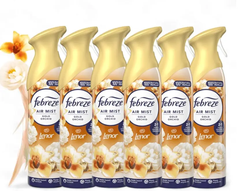 Febreze Air Mist GOLD ORCHID LENOR 185ml – Pack of 6 | OdourClear™ Technology | Floral & Exotic Scent |