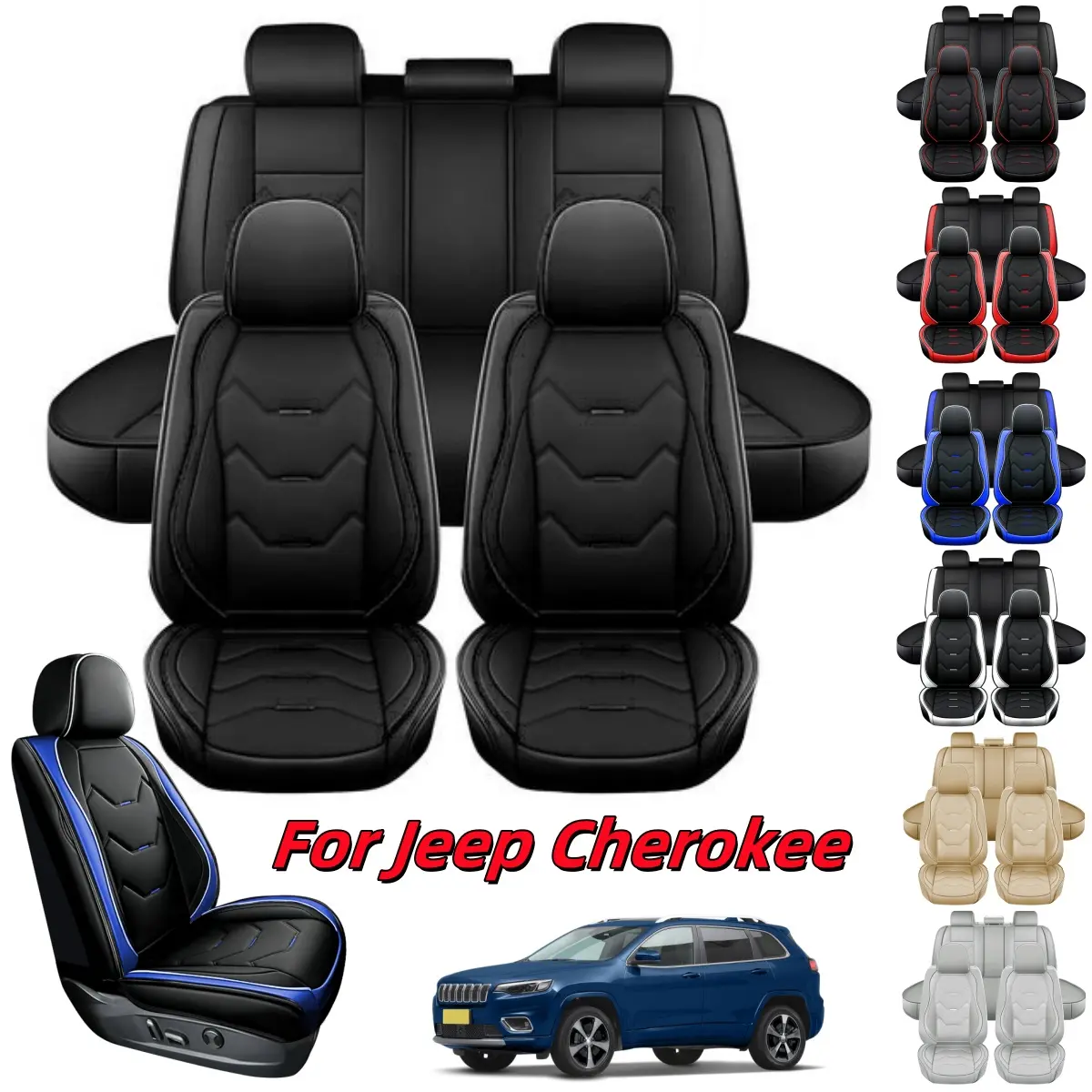 For Jeep Cherokee 2014 - 2023 5 Seats Car Seat Cover Front Rear Full Set, 3D Premium PU Leather Seat Cushion Non-slip Protector Pad Mat Full Surround Waterproof Vehicle Interior Accessories